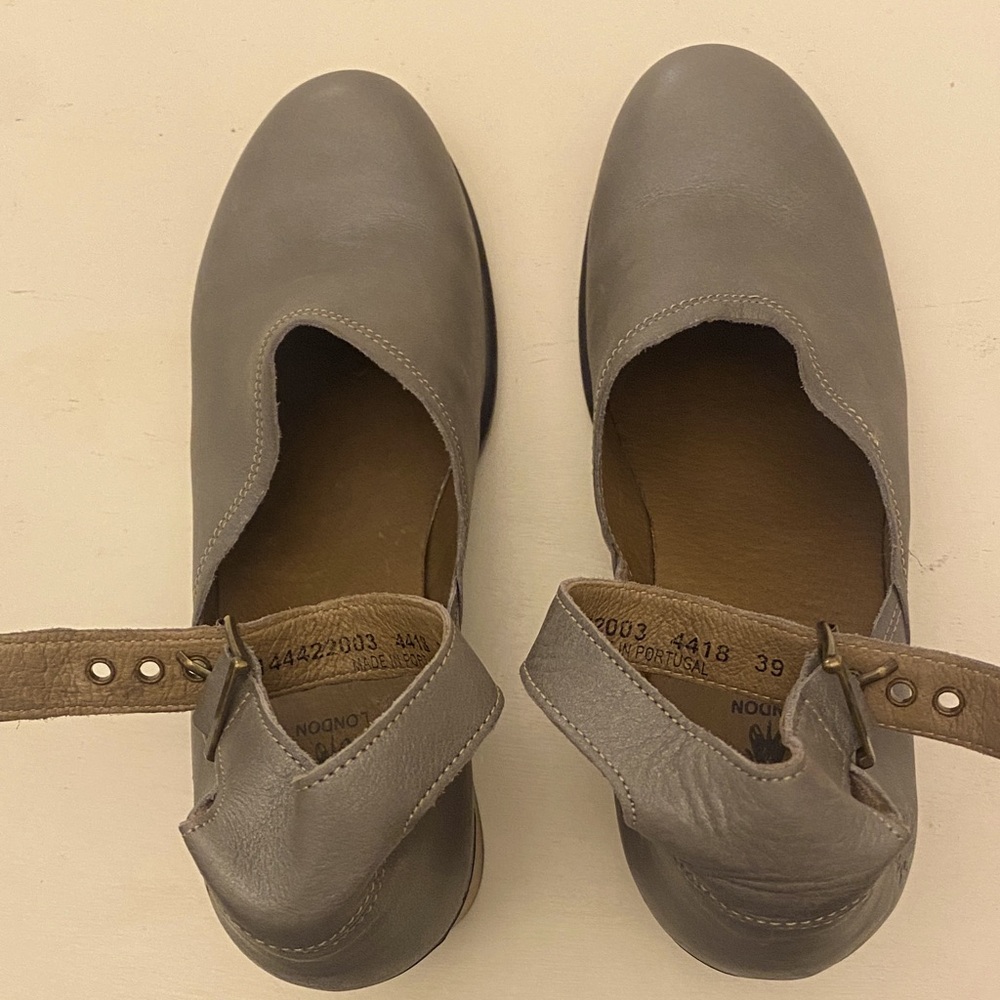 Fly London Gray Leather Mary Jane Flats with Ankle Strap